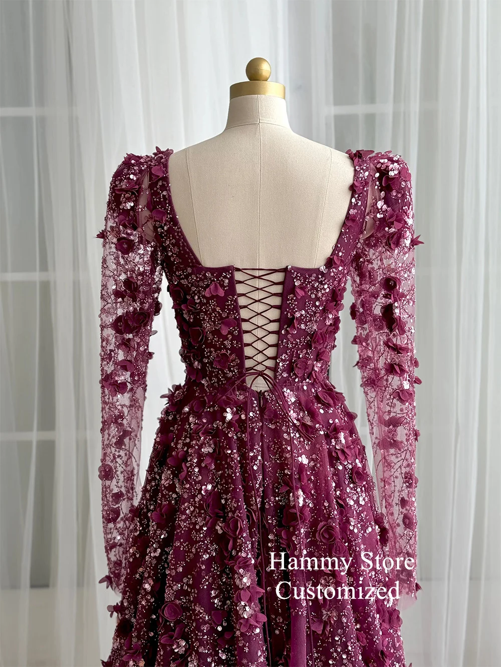Luxury Shinny Lace Evening Dress for Wedding Party Customized Long Sleeves Square Neck Beading Flower A Line Dubai Prom Gown image 2