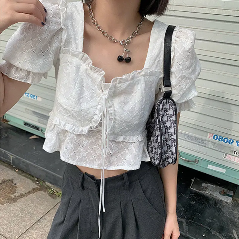 Retro White Blouses Women Sweet Preppy Cute Square Collar Summer Crop Tops Drawstring Tender Females Students New Arrival Korean