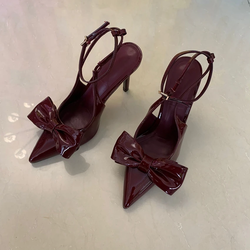 Wine Red Ankle Strap Stilettos For Woman Patent Leather Bow Pointed Toe High Heels Sandals Women Pumps Shoes