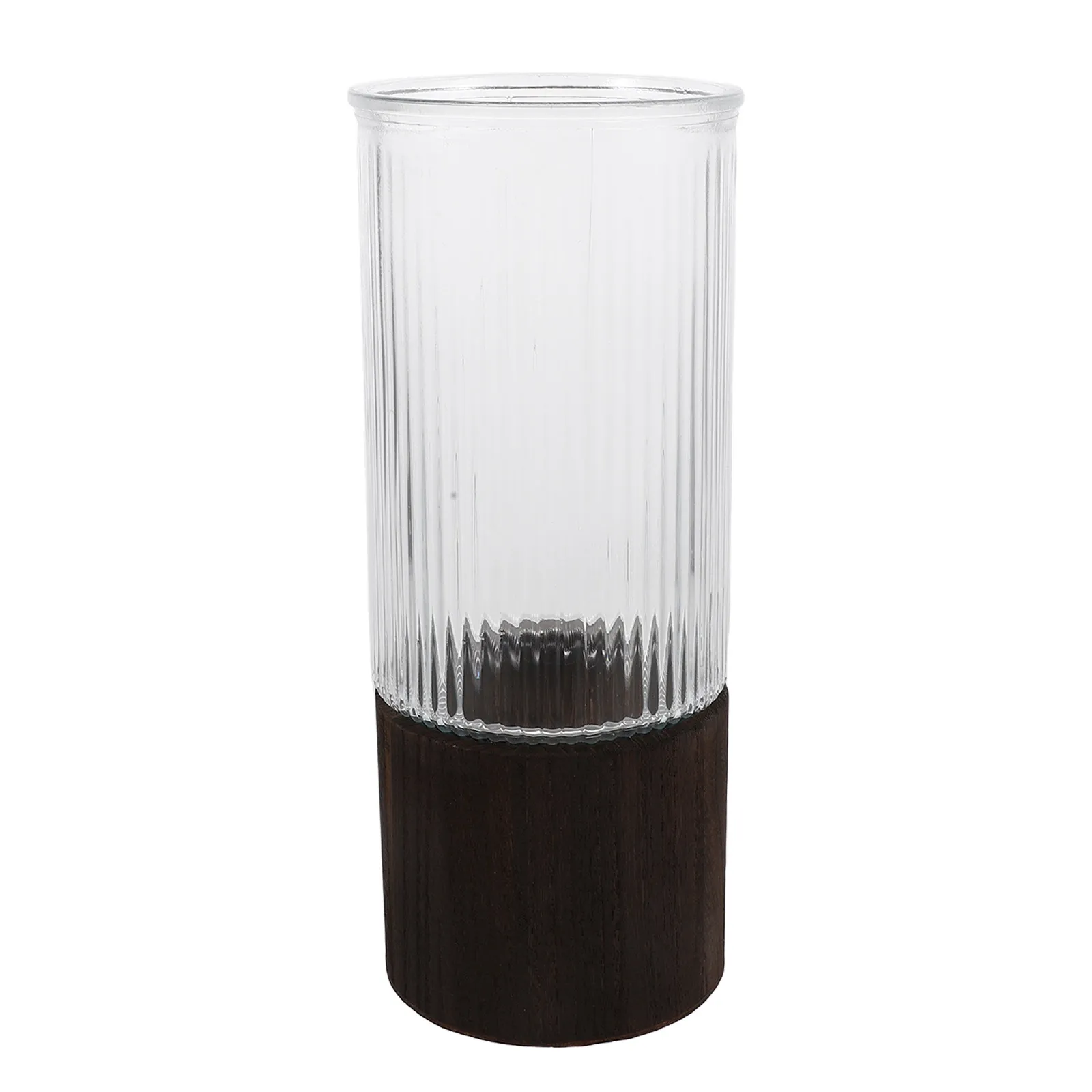 Striped Glass Vase Wood Base Modern Minimalist Cylinder Table Decor Floral Centerpiece Hydroponic Propagation Station Rustic