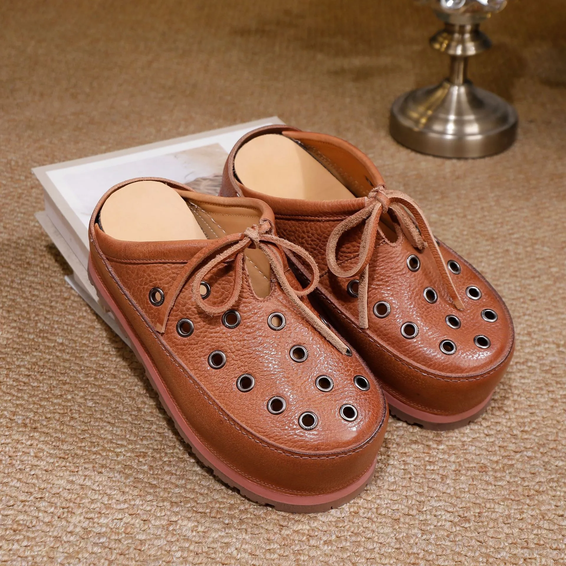 Birkuir Retro Hollow Out Thick Heel Slippers For Women Closed Toe Slip On Flat Platform Slides Mid Heel Genuine Leather Slippers