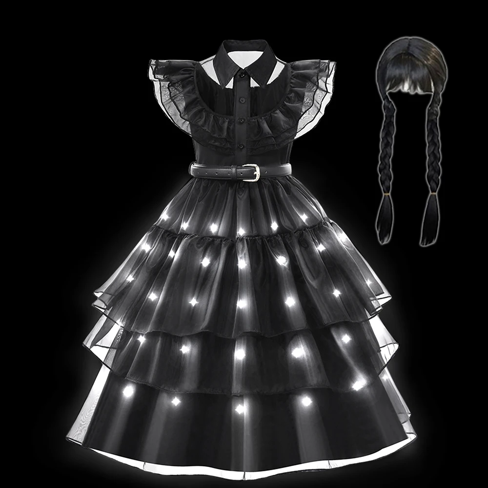 LED Light Up Girls Princess Dress Costume Halloween Disguise Outfits Kids Cosplay Gothic Black Fluffy Dress Stage Show