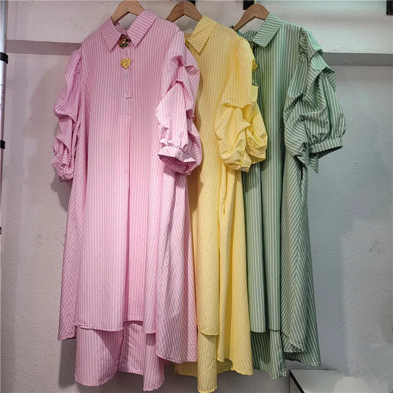

Clothland женское элегантное блестящее полосатое платье-рубашка с пышными рукавами и пуговицами, цельное женское милое платье миди, Vestido QE312