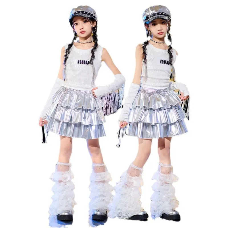 Girls Hip Hop Silver Crop Top Shiny Tiered Skirts Kid K-pop Streetwear Skirt Children Jazz Girl Group Street Dance Clothes Sets