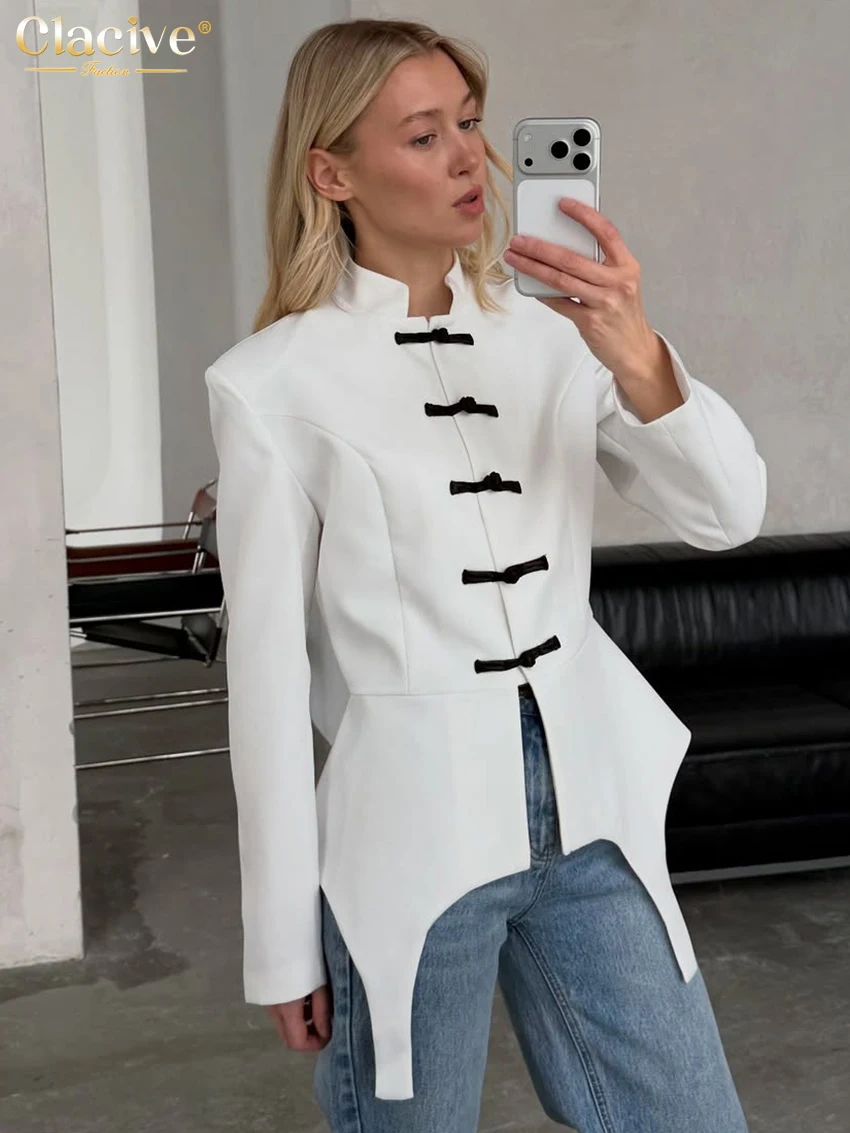 

Clacive Fashion Loose White Women Shirt Autumn Stand Collar Long Sleeve Lady Blouse Elegant Classic Solid Top Female Clothing