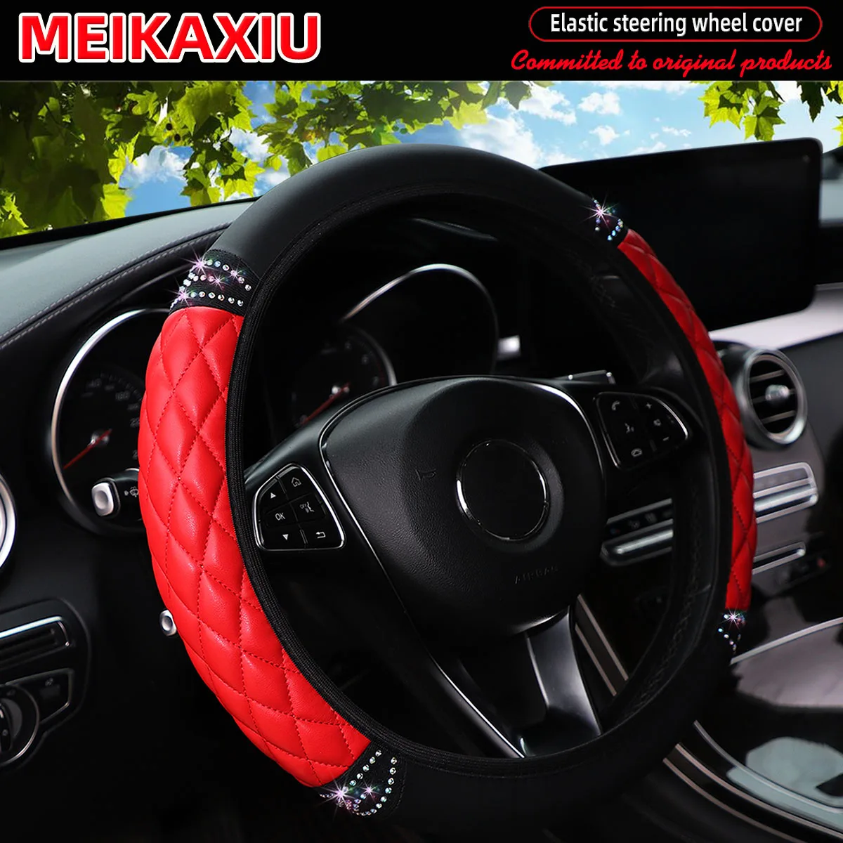 Diamond-Shaped Pattern PU Soft Leather Steering Wheel Cover Sparkling Embroidery Car Accessory