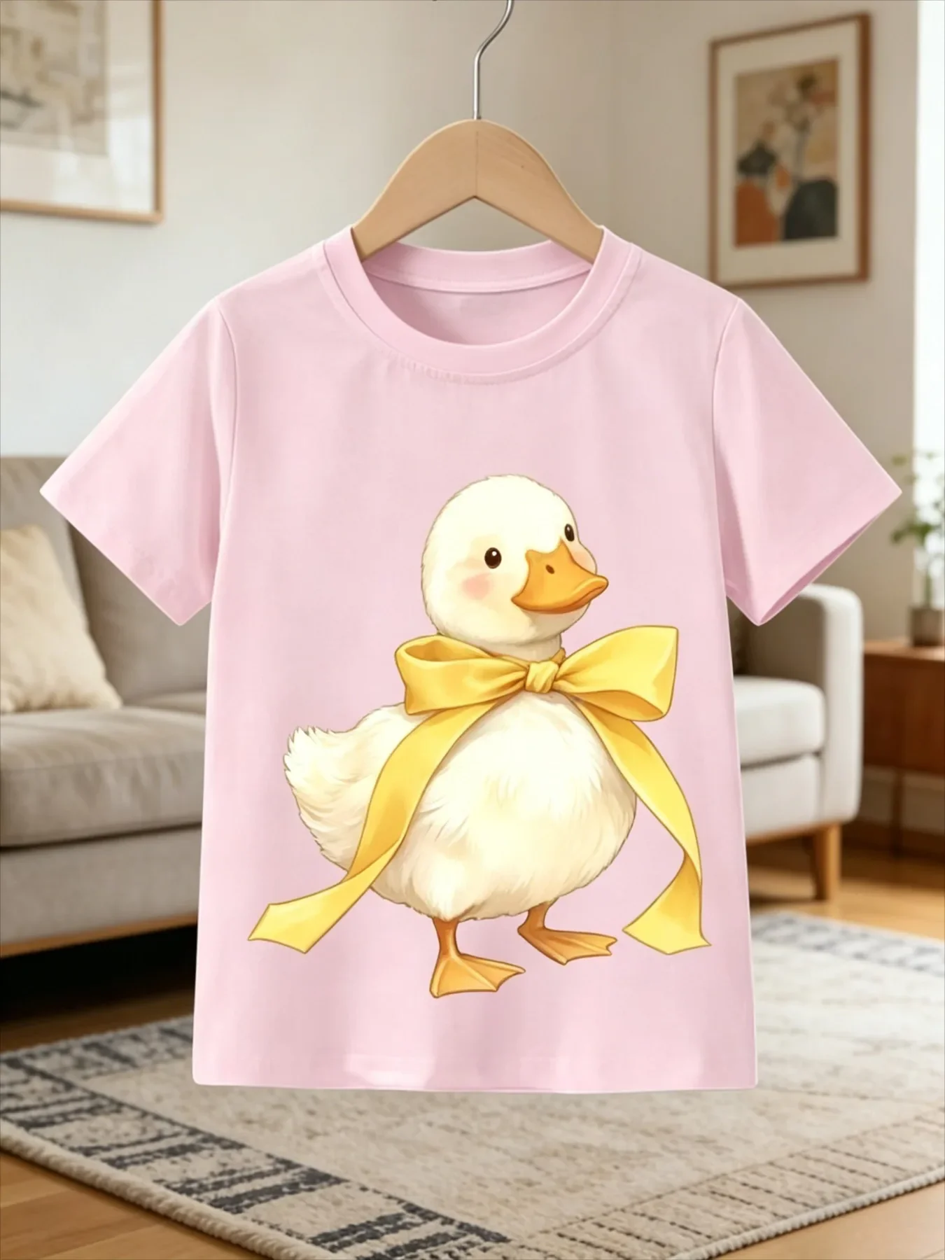 Cute White Duck With Big Yellow Bow Ribbon Graphic Print Kids Short Sleeve Tee Lovely Animal Crew Neck Casual Daily Top