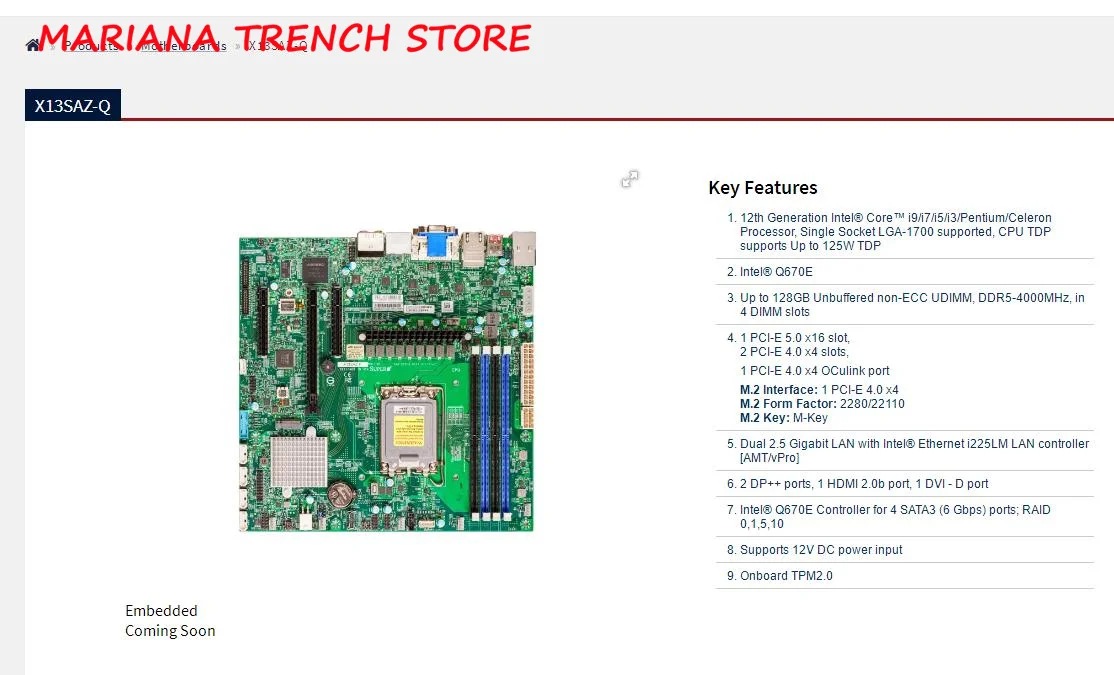 X13SAZ-Q Q670E for Supermicro Embedded Motherboard 12th Generation Core i9/i7/i5/i3 LGA-1700 Dual 2.5 Gigabit LAN DDR5-4000MHz