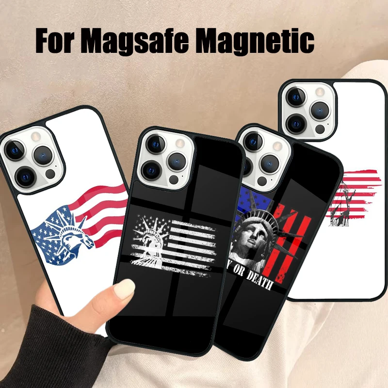 America USA Flag Statue of Liberty Magsafe Phone Case For iPhone 16 15 14 13 12 11 Pro Max Plus Mini Wireless Magnetic Cover