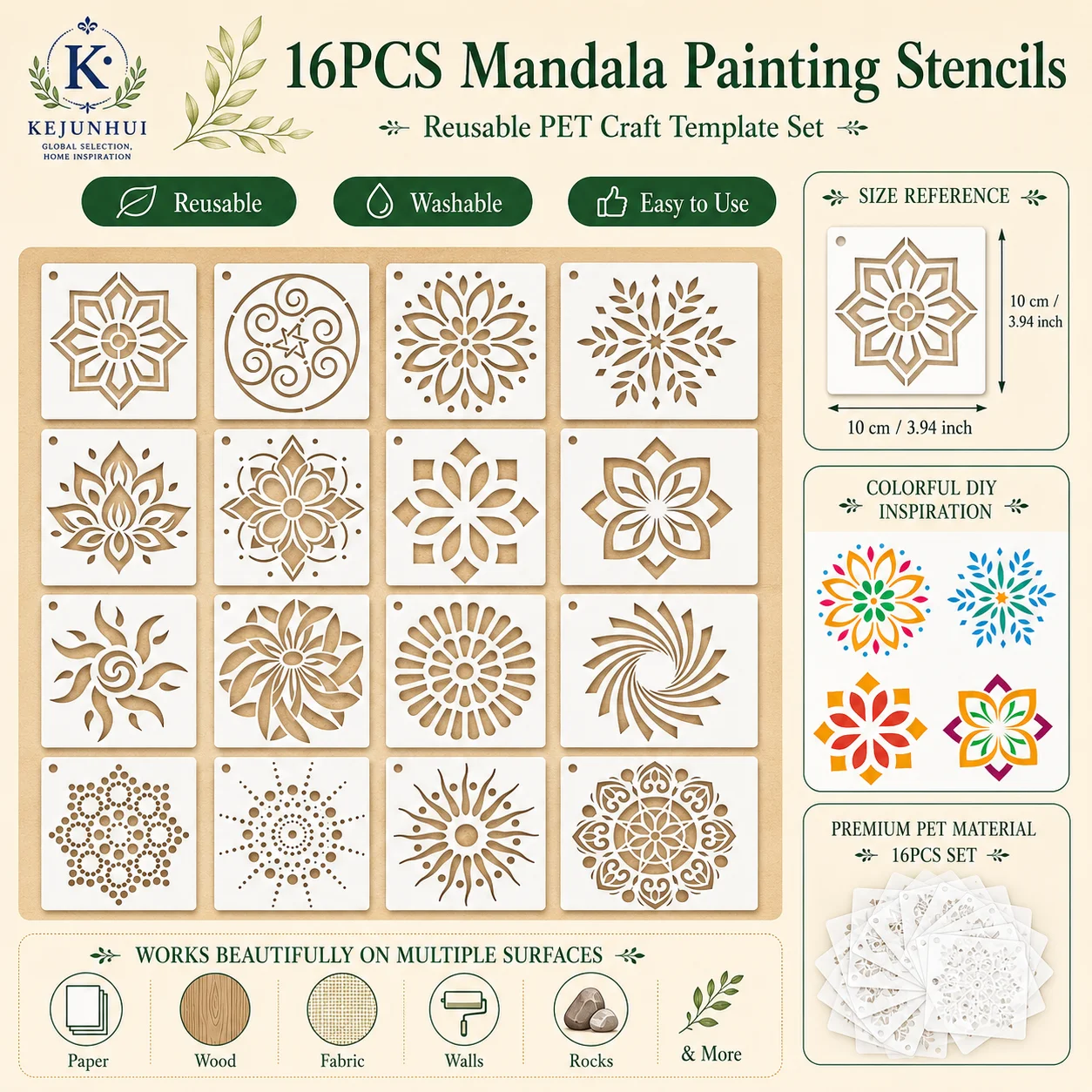 16 Plantillas Reutilizables de Mandala para Pintar Paredes, Piedras, DIY, Plantillas Huecas de Flores, Plantillas de Mandala