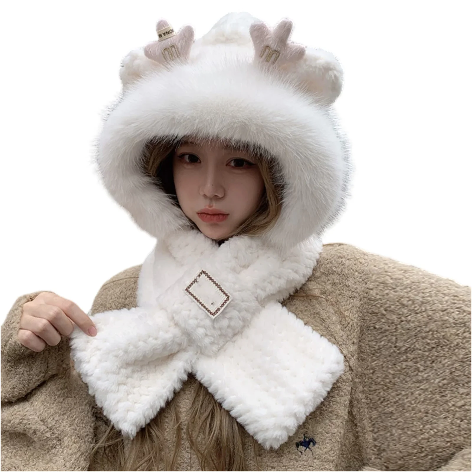 جميل الشتاء قبعة تدفئة وشاح مجموعة النساء فو الفراء قبعة الشتاء الدافئة الوالدين الرقبة دائرة وشاح تزلج الثلوج قبعة قبعة محبوك قبعات الرأس #3