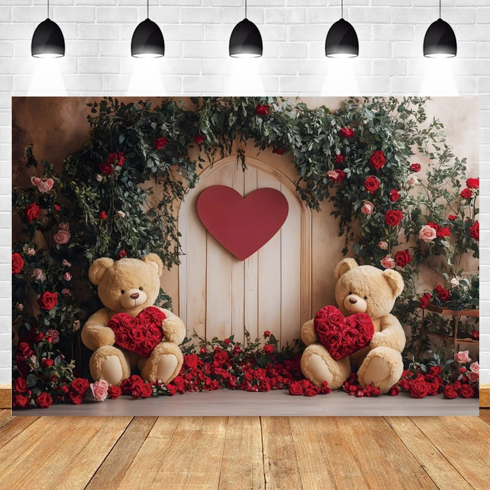 Valentine's Day Photography Backdrop Flowers Love Heart Toy Bear Wood Wall Floor February 14th Party Room Decor Photo Background