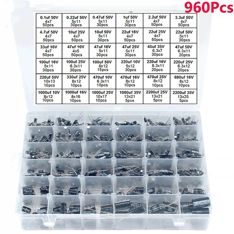 Complete collection of 36 capacitance values ​​(0.1uf-2200uf) 1000uf 25V/35V plug-in aluminum electrolytic capacitor set