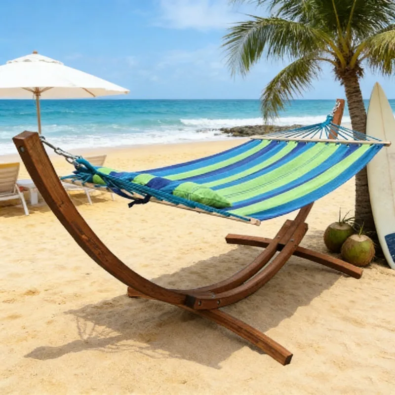 

2026 Daijia Outdoor Double Cotton Hammock With Wood Solid Stand