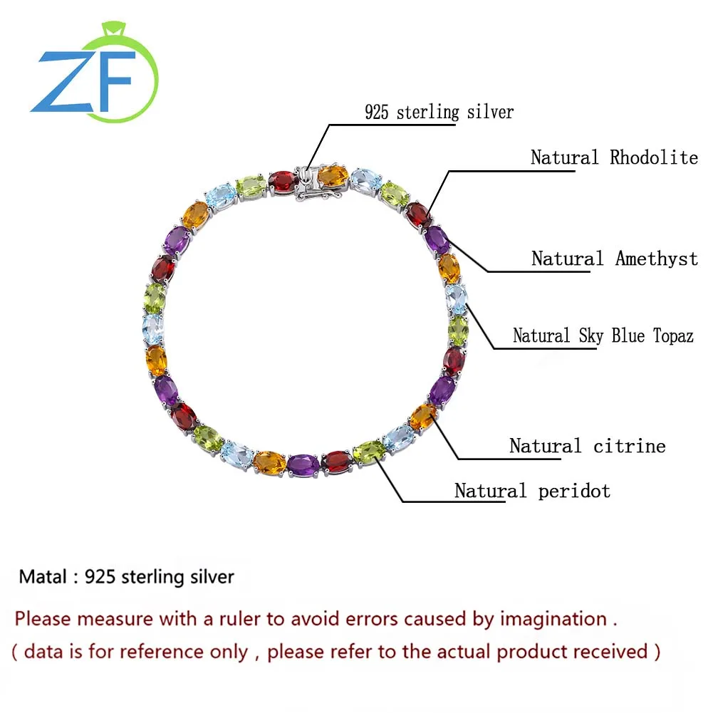 GZ ZONGFA Genuine 925 Silver Bracelet for Women Natural Garnet Peridot Amethyst Mixed Color Charm Fine Jewelry