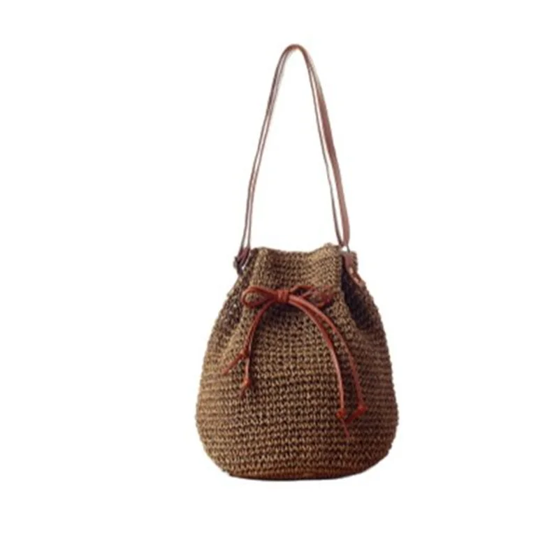 

2023 New Women Handmade Straw Shoulder Bags Beach Bucket Bags Summer String Bags 2 Colors Drop Shipping