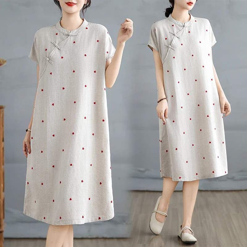 

Original Design Summer Cotton Linen Chinese Style Moon Sleeve Side Button Dress Small Heart Print Loose Fit Casual Dress