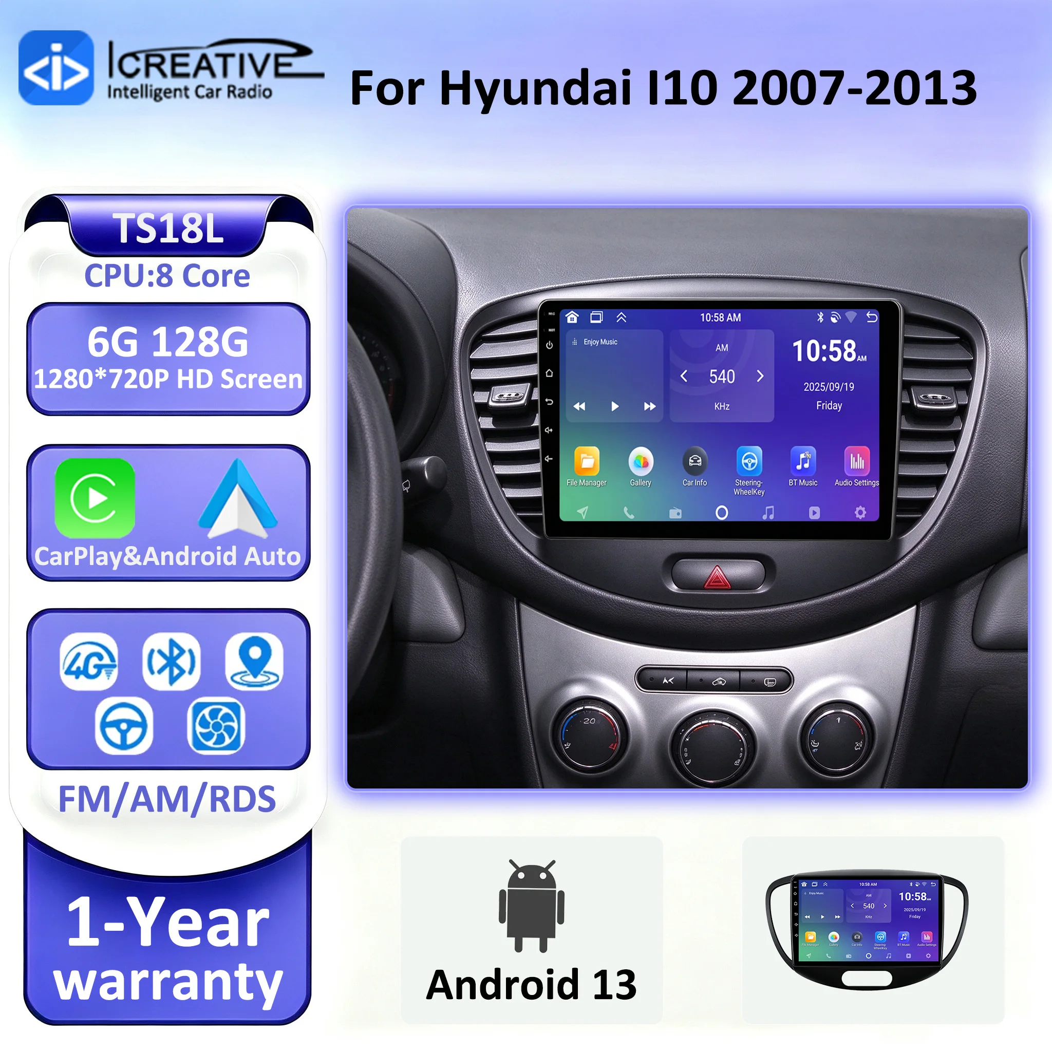 Android 13 Car Radio WirelessCarplay For Hyundai I10 2007 2010-2013 GPS Navigation Stereo Auto Multimedia Player WiFi 4G BT 2din