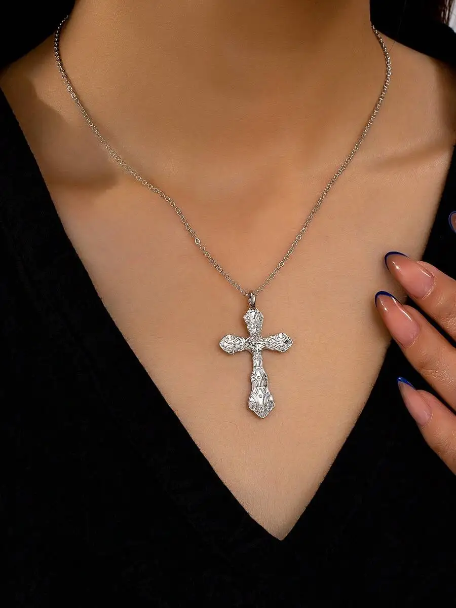 

Ornate Gold-Tone Cross Pendant Necklace with Filigree Detail