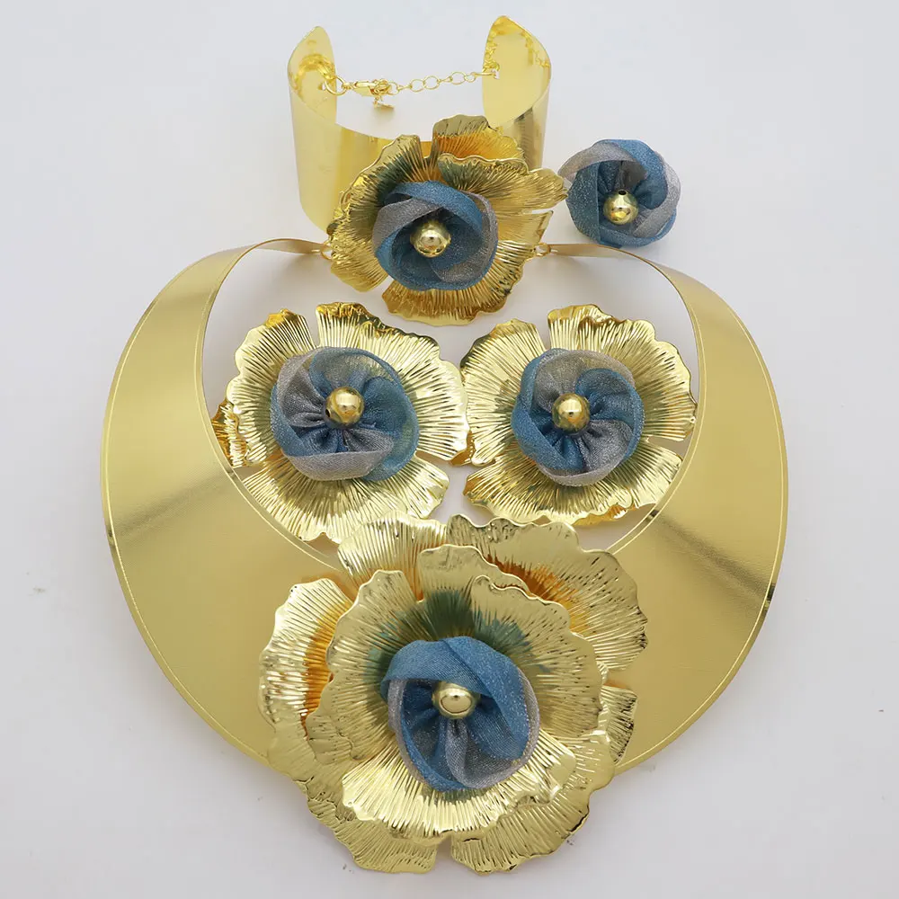 Luxury 24K Gold Plated Jewelry Set Brazil Satin Flower Necklace Stud Earring Ladies Copper Bracelet for Party Dinner Gift