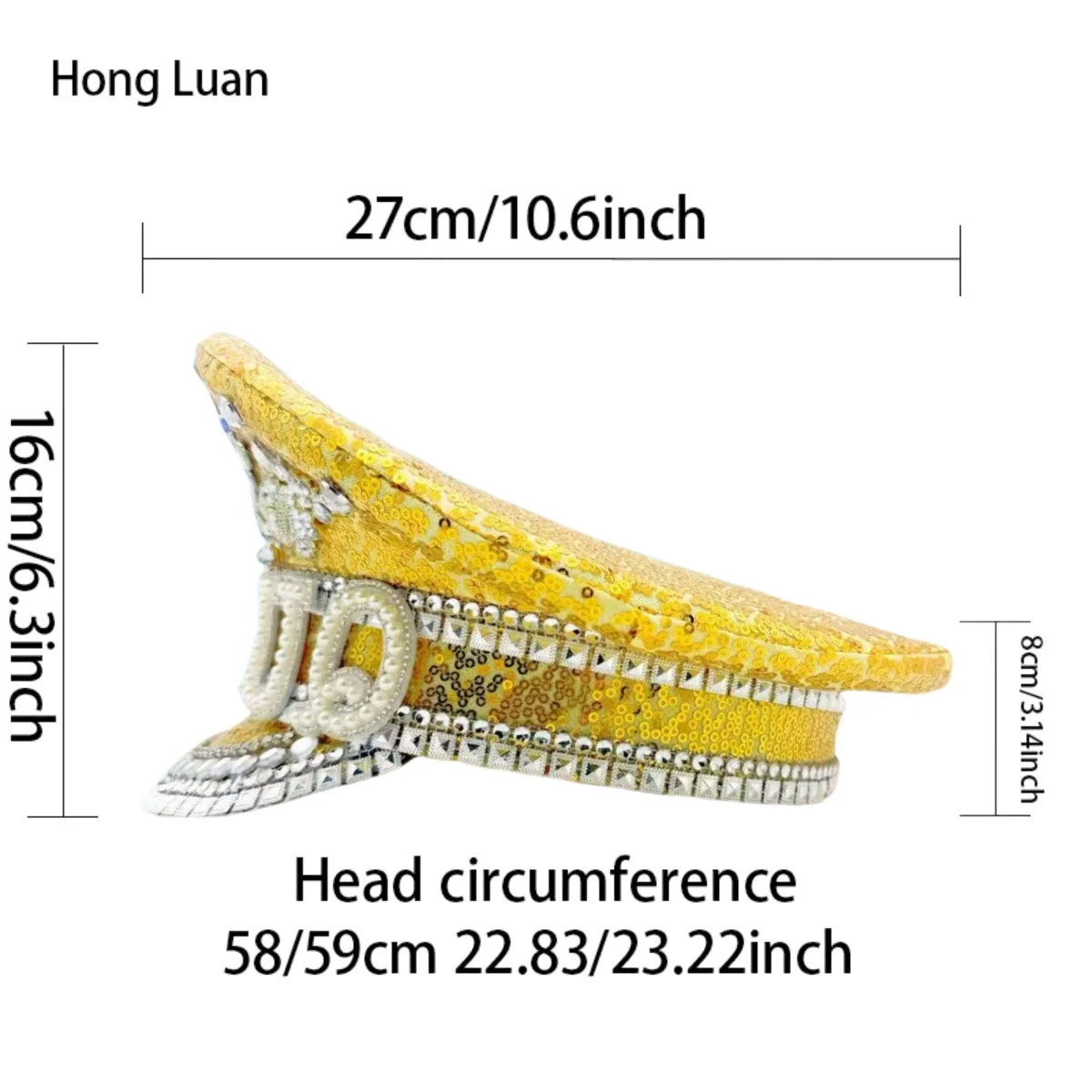 HongLuan Yellow Laser Leather Loop Captain Hat Rhinestone & Military Caps for Woman, Rave Festivals Accessories ＆ Party Cap Man