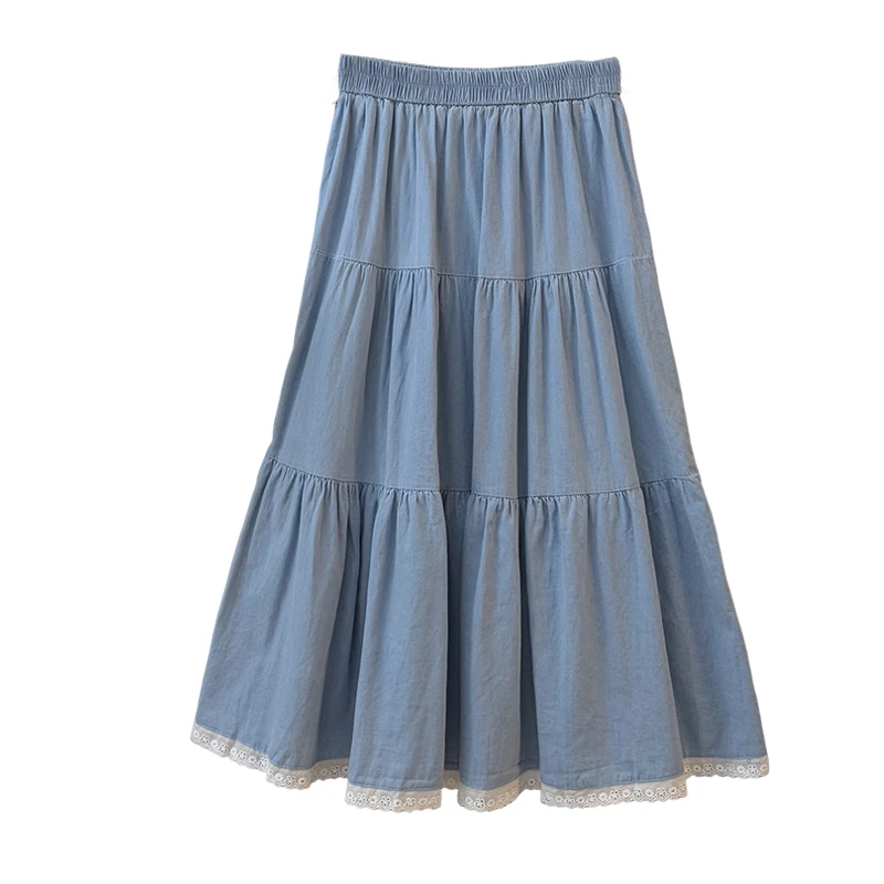 2025 primavera verão saia jeans de cintura alta para mulheres estilo francês chique rendas retalhos saias linha a versátil retro azul saias