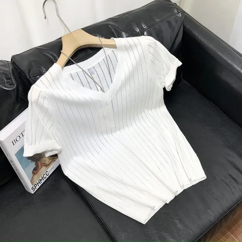 2024 New Summer Minimalist Casual Loose V-neck Striped Hollow Ice Silk Short Sleeved Oversized Knitted Solid Color Men\'s Top