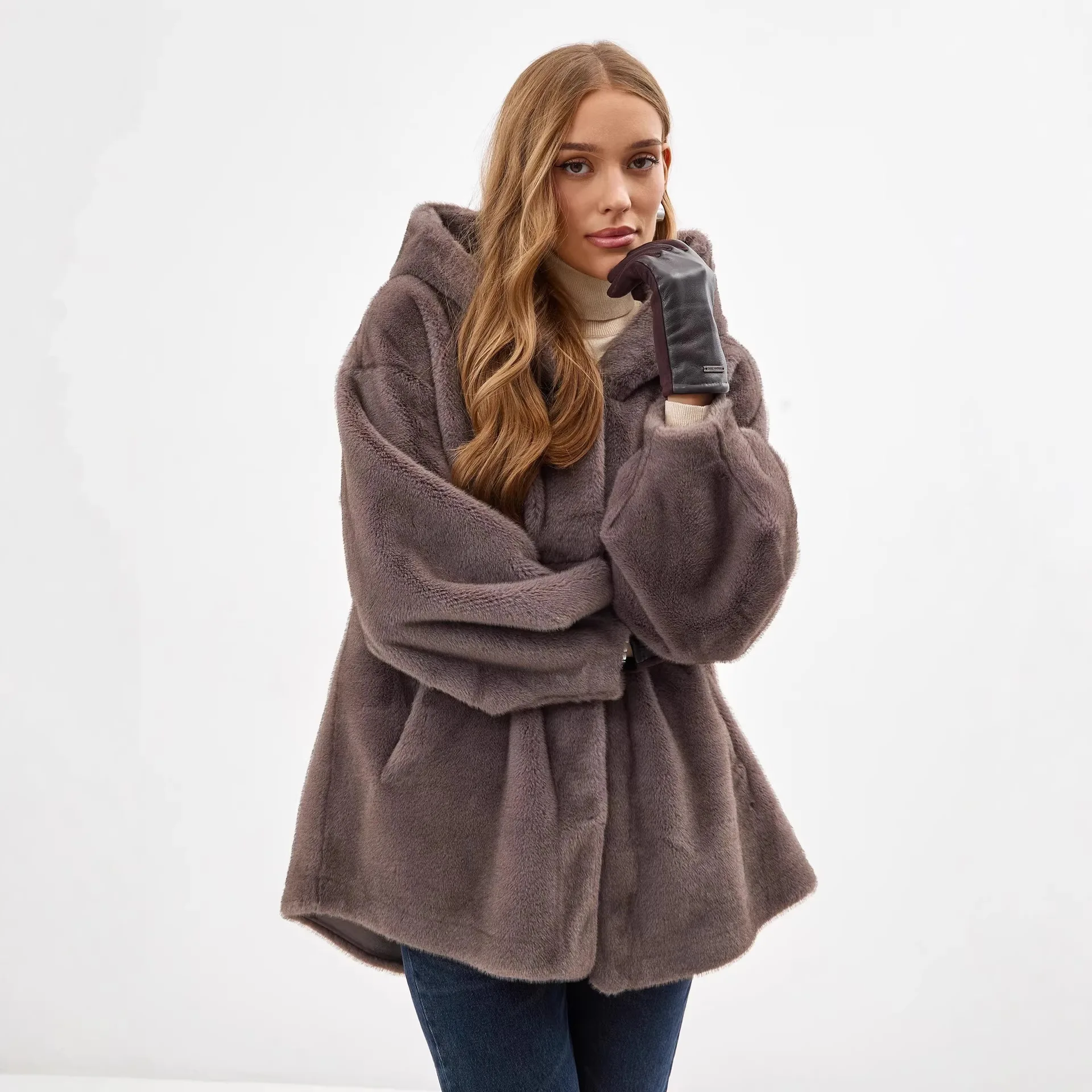 New Imitation Fur Mink Coat, Women's Artificial Hair Long Hooded Waist Plush Coat