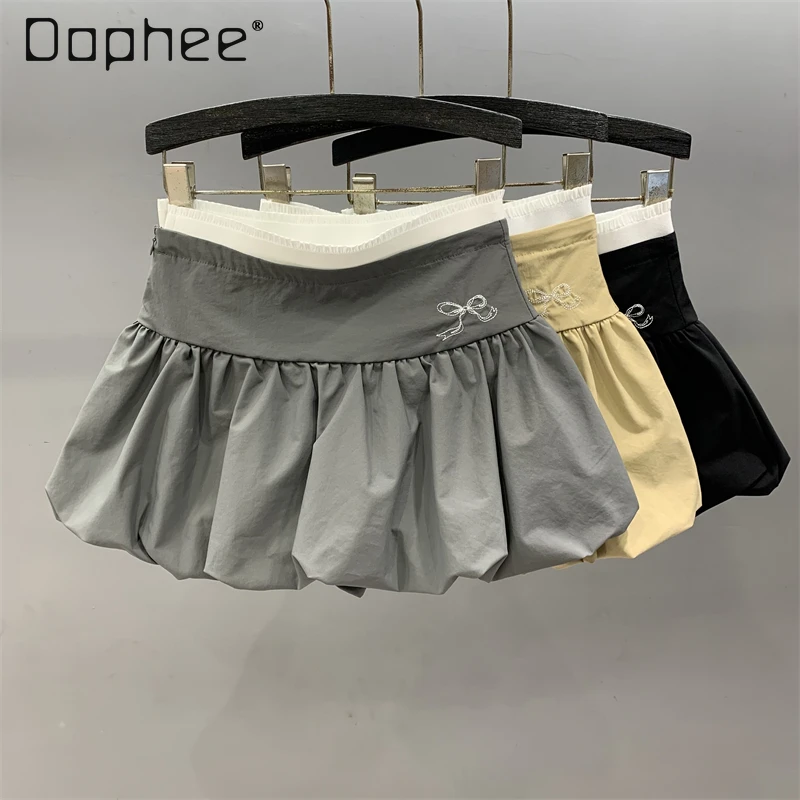 Korean Style Short Puff Skirt Summer High Waist Patchwork Bow Bubble Ruffle Mini Skirts Slim Women Clothing Fashion Black Gray