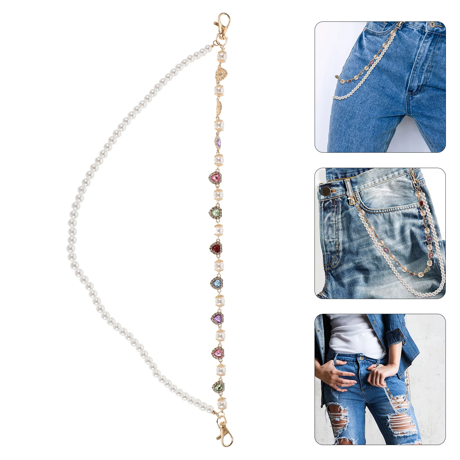 

Faux Pearl Pants Chain Women Colorful Rhinestone Heart Layered Waist Belt Jewelry Party Stage Hip Hop Waist Chain