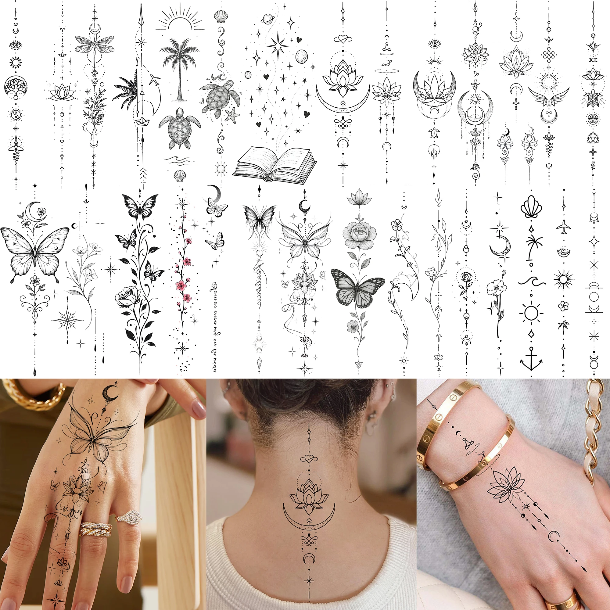 

1 Sheet Butterfly Crescent Flower Chain Temporary Tattoos For Women Hands Neck, Fake Tattoo Sticker Long Lasting Realistic Tatoo