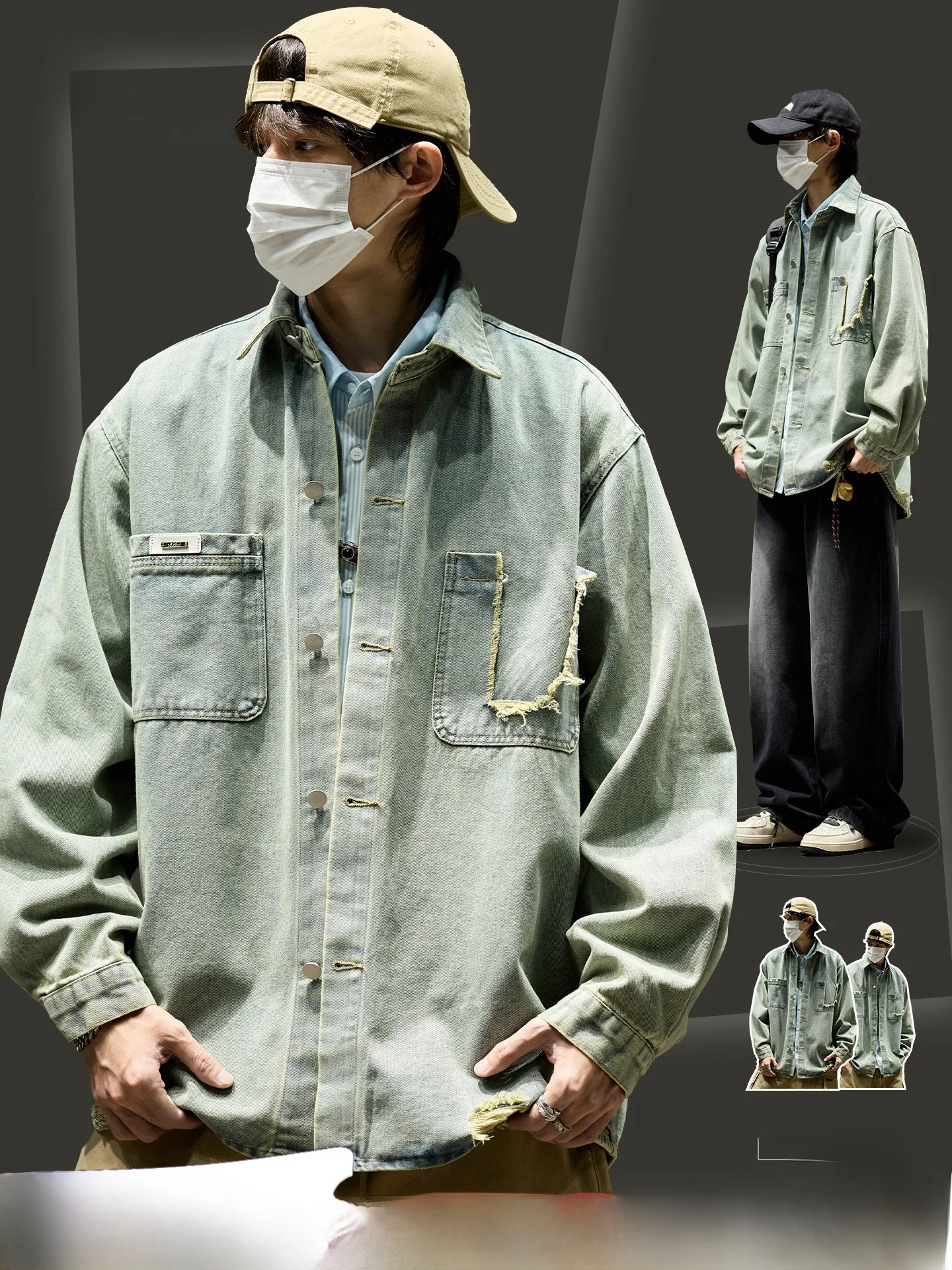 

American Sle Men's Denim Jaet Vintage Waed Frayed Cuff Workwear irt Boys' Autumn Outerwear Loose Fit Long Sve