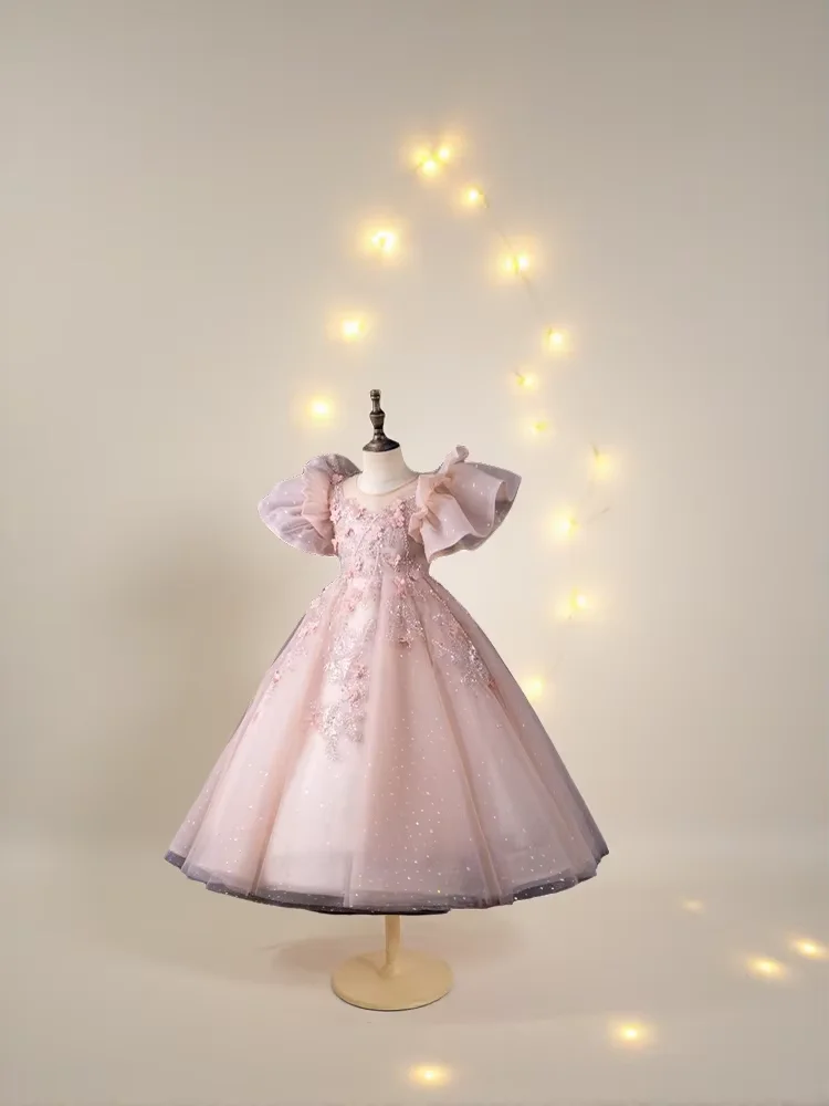 Custom Luxury Flower Girl Dress Wedding Gown Birthday Party Pageant Catwalk Puff Sleeve 3D Floral Sparkle Tulle Ball Gown 