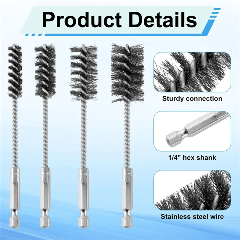 AT05-8Pcs Bore Brush, Stainless Steel Wire Brush Drill Attachments With 1/4 Inch Hex Shank Twisted Wire Cleaning Tools