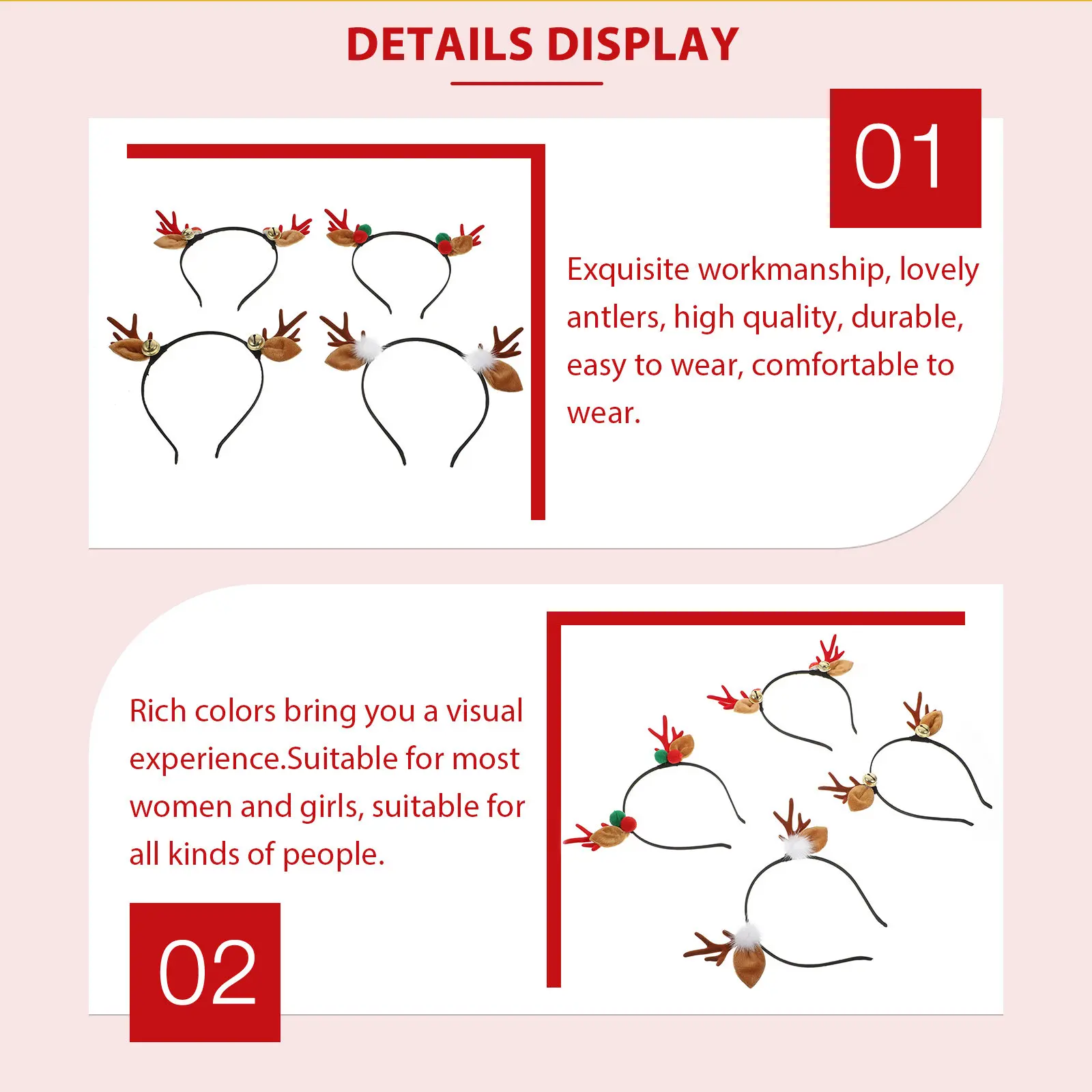 4Pcs Xmas Antler Headdress Premium Material Non Hair Accessory Christmas Hair Hoops Holiday Masquerade Role Play Decor