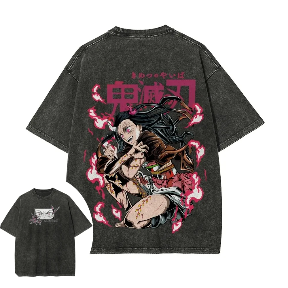 

Футболка унисекс Demon Slayer с принтом Нэзуко Камадо, летняя/весенняя, аниме, ретро, с эффектом потертости, высокое качество, короткий рукав