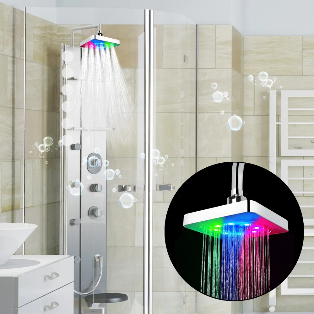 Square LED Rainfall Shower Head Ultra-Quiet Top Spray Temperature Sensor 3 Color Temp Indicator 7 Gradual Changing Shower Light