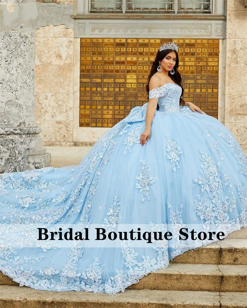 Bầu Trời Màu Xanh Bóng Gown Quinceañera Dresses 2022 Bow Tắt Vai Đính Cườm Appliques Sequins Ngọt Ngào 16 Váy Vestidos De 15 Letih 2023