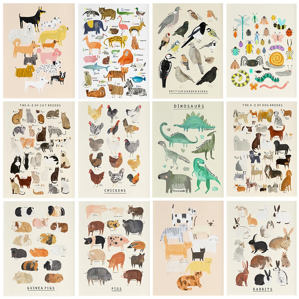 Alphabet Animal Garden Birds Cat Dinosaur Dog Rabbits Poster Print Wall Art Pictures Canvas Painting for Living Room Home Dec