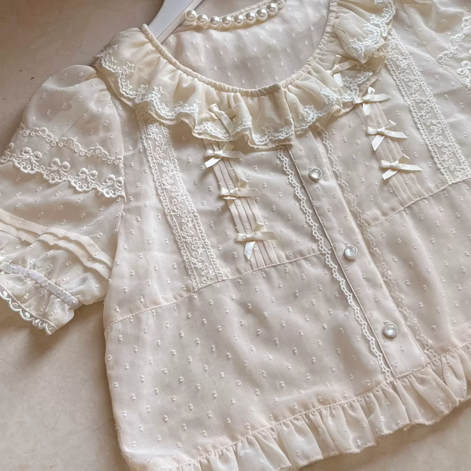 

NONSAR Round Dance Lolita Chiffon Dash Sleeve Cardigan Top Sweet Bow Lace Ruffles Bubble Sleeve Short Inner Blouse