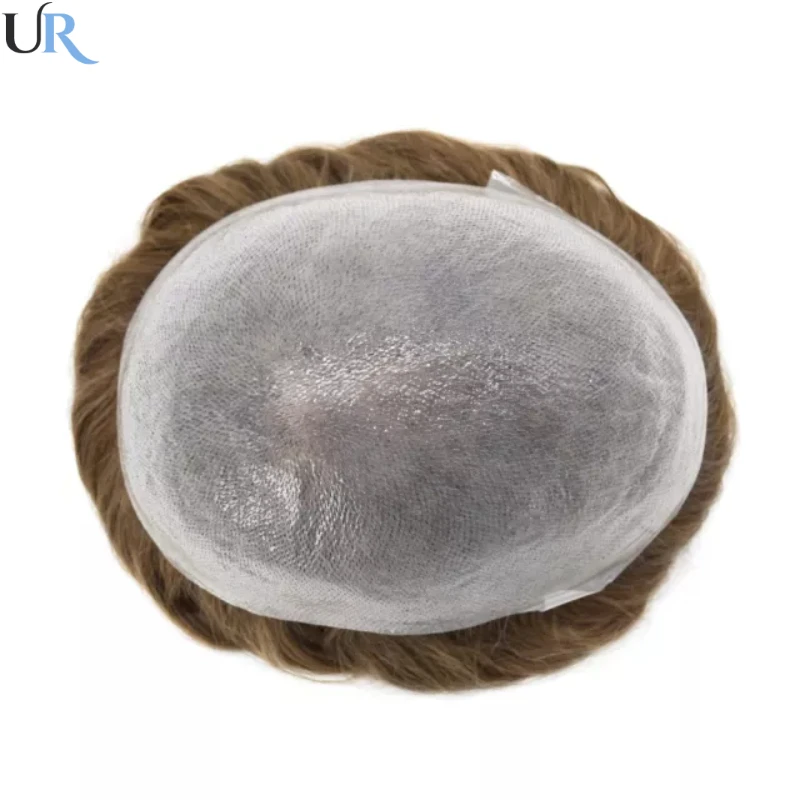 Toupee cinza para homens, pele super fina, nó forte, substituição do cabelo, linha dianteira indetectável do cabelo, transporte rápido, 0.02-0.03mm, 80%