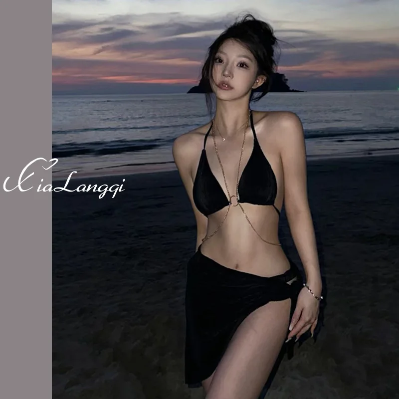 

Женское бикини с цепочкой, комплект из трех предметов, купальник с разрезом на спине, купальный костюм с горячими источниками, пляжный отдых, шея, бретелька, сексуальный