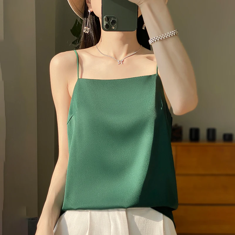 Women\'s Sexy Top Halter Low Cut Underwear Basic Sleeveless Satin Silk Vest Sexy Comfortable Silky Lingerie Halter Top-D19