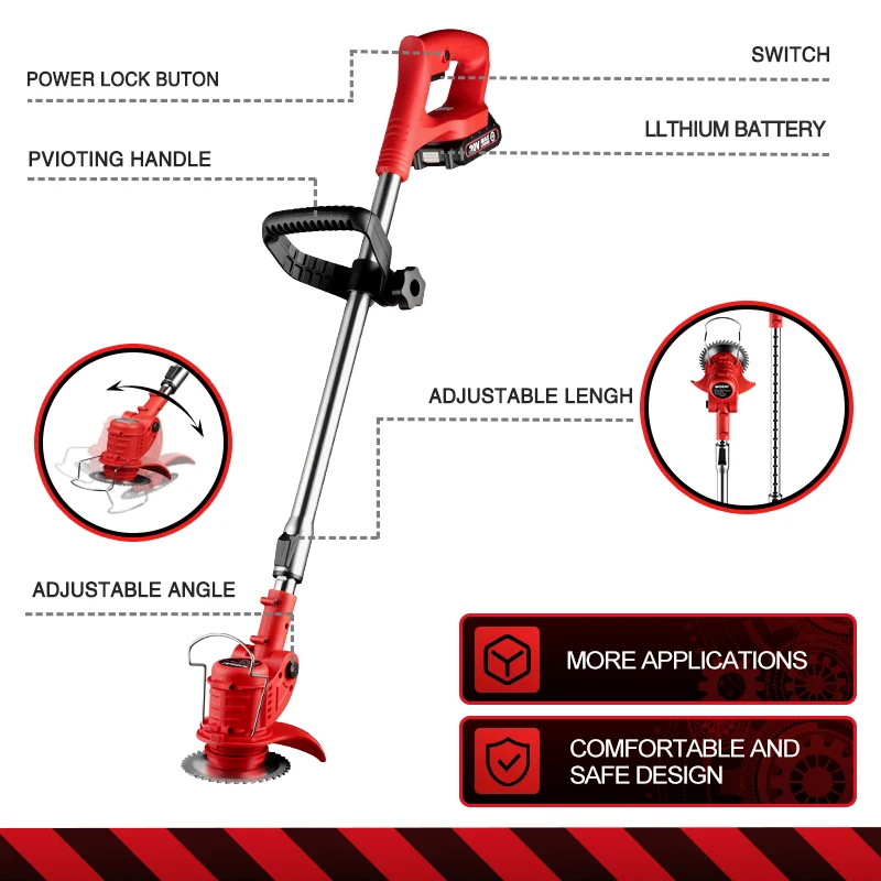 VVOSAI Adjustable Length Telescopic 20V Cordless Lawn Mower 45°/ 60° Angle Adjustment Electric Grass Trimmer Pruning Garden Tool