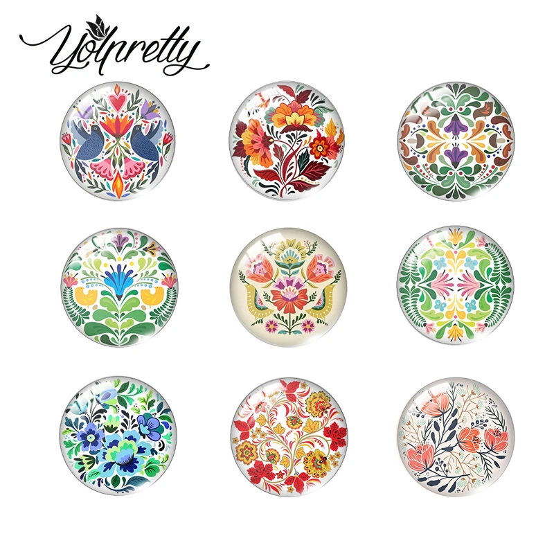 2023 folk art flower pattern Glass Cabochon Semi Finished Mixed Glass Jewelry Findings Making Component Accessories