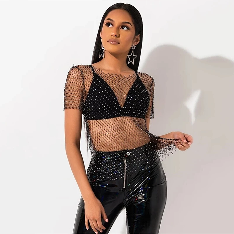 Sexy New Mesh Rhinestone Long Sleeve T Shirt Women Hollow See-through Fishnet Tops Summer Casual Shirt Party Club Women Clothing