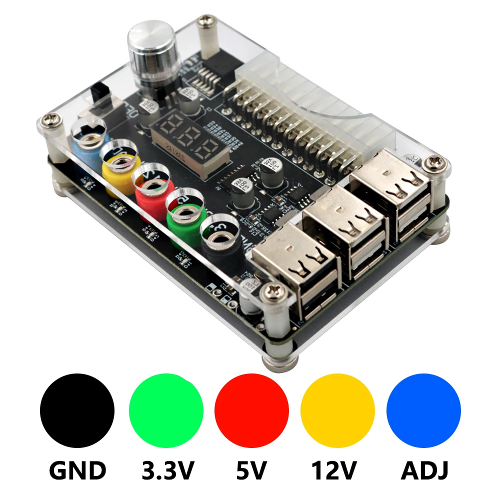 Zasilacz ATX Breakout Board Moduł zasilania 24-pinowy adapter Złącze regulowane pokrętło napięcia 6 portów USB 2.0 obsługuje QC2.0 QC3.0