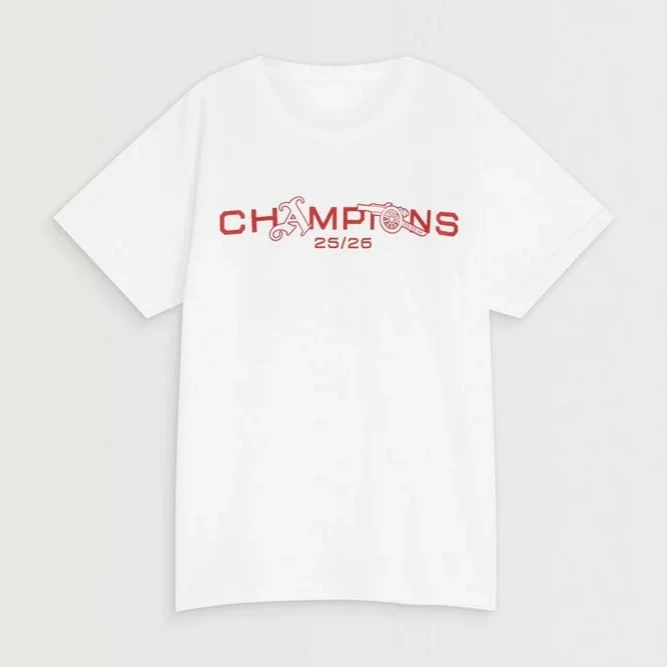 Camiseta Unissex 100% Algodão Arsenal 25-26 Season Champion Graphic - Nova Coleção Verão 2026 - Camisa Comemorativa de Futebol Masculina e Feminina da Moda