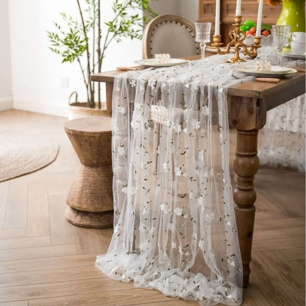 Semi-Transparent Tulle Table Runner Romantic French Style Embroidered Tablecloth Polyester Retro Table Flag Holiday