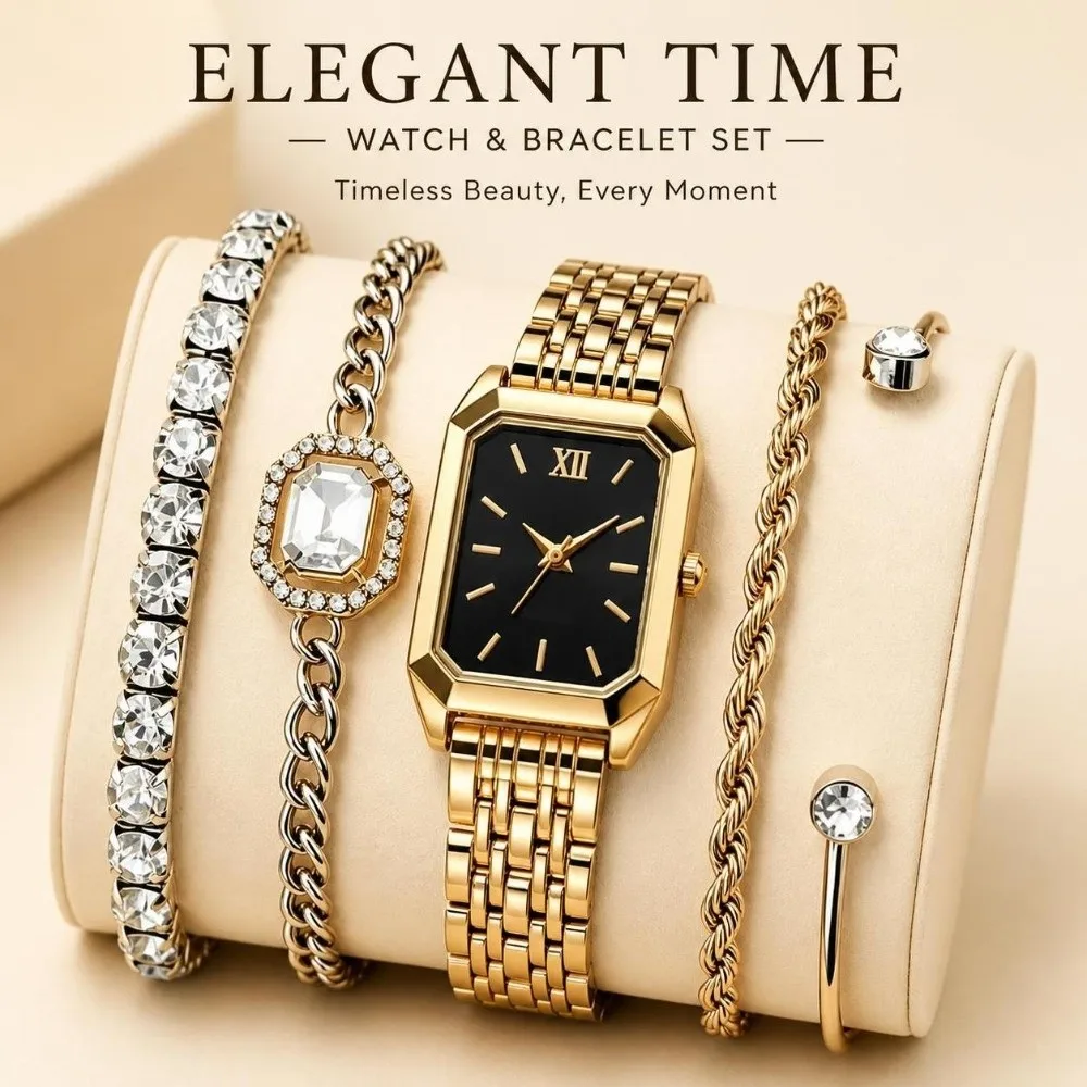 Quartz Movement Women Quartz Watch Rectangle Dial Rhinestone Decoration Rectangle Dial Wristwatch 5PCS Set Stainless Steel Strap